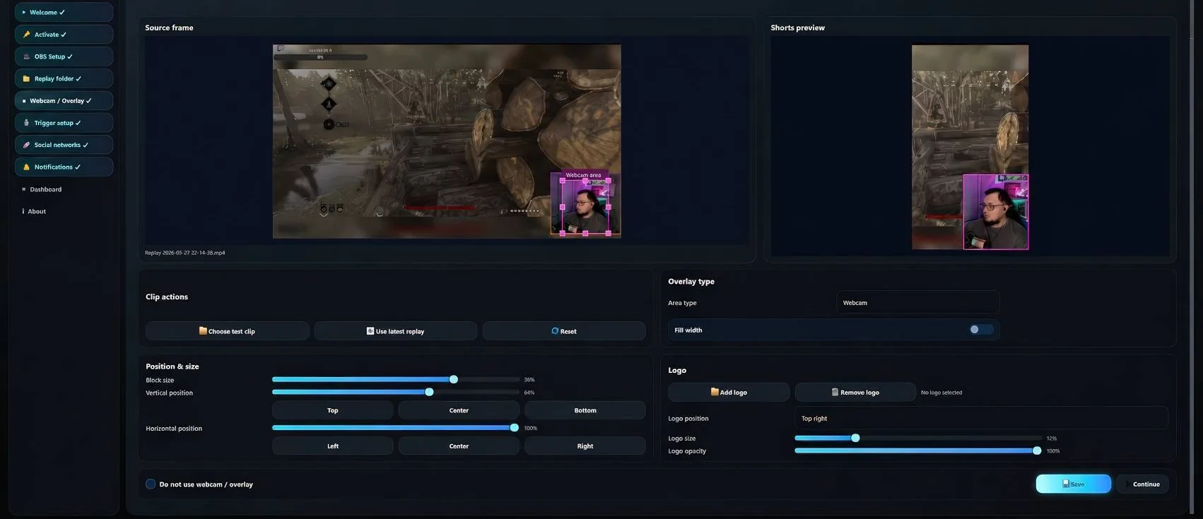 Clador Forge overlay configurator with live source frame and vertical Shorts preview