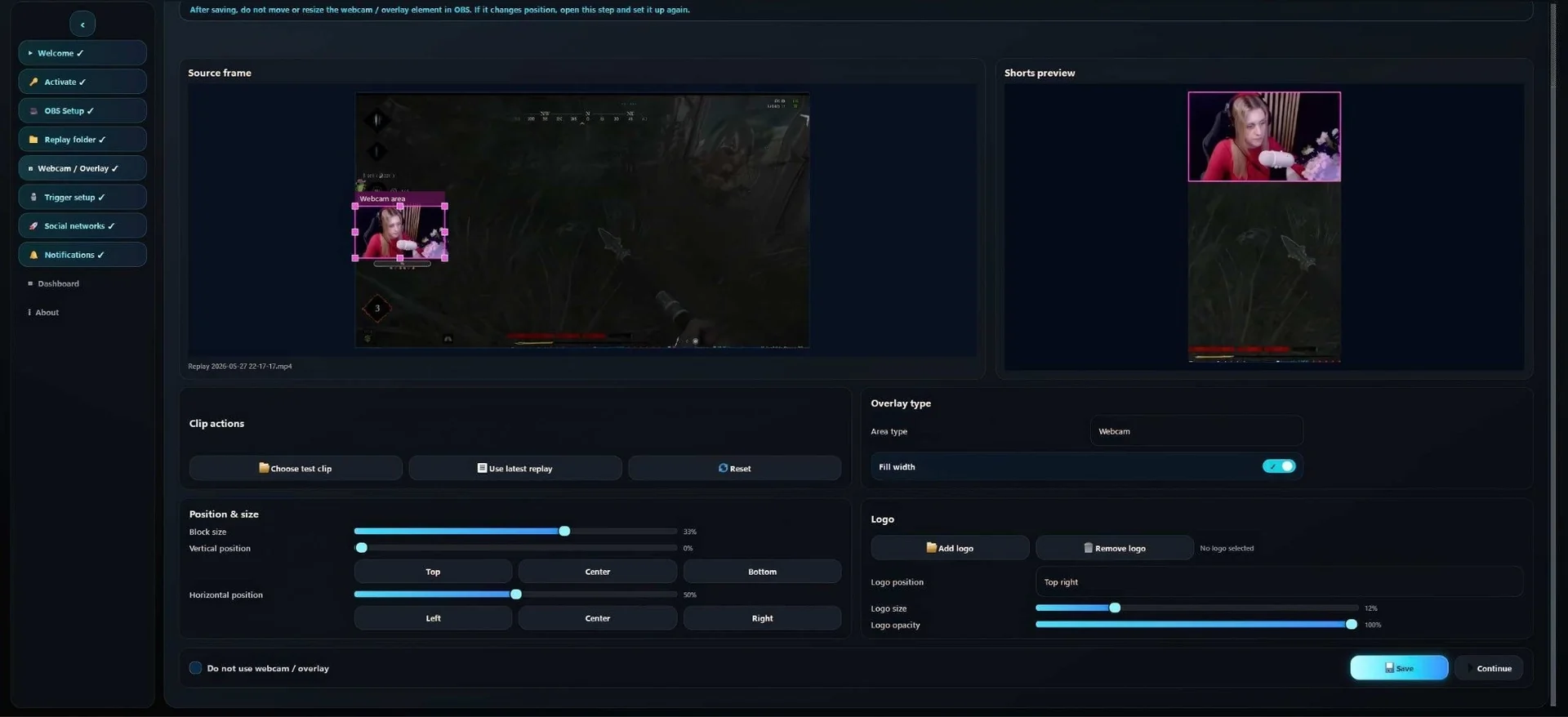 Clador Forge overlay layout adjusted with the Webcam area framed and Shorts preview composed