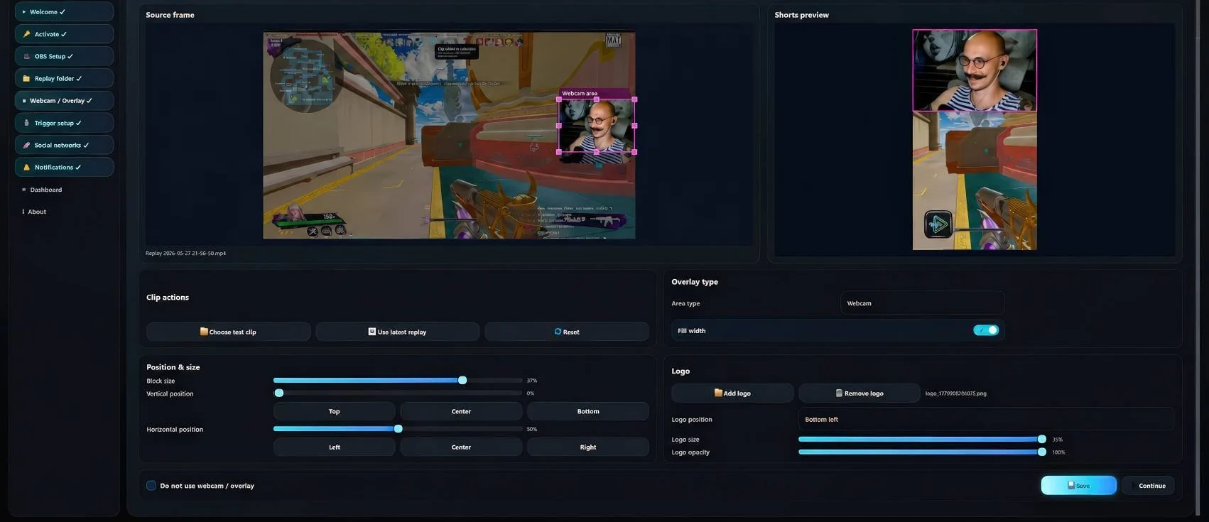 Clador Forge webcam overlay setup with Shorts preview